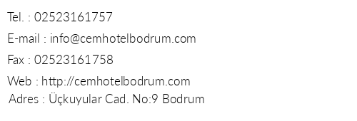 Cem Bodrum Hotel telefon numaralar, faks, e-mail, posta adresi ve iletiim bilgileri